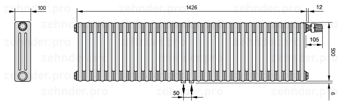 Схема (чертеж) Радиатор Zehnder Charleston 3050/31 №V008 Белый глянцевый RAL 9016